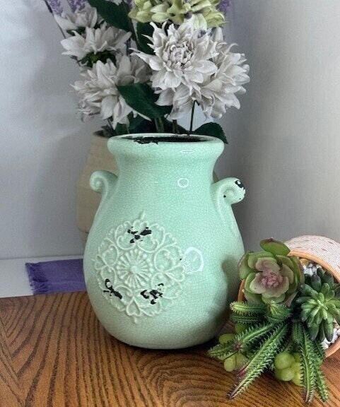 1970s Orejon Turquoise Flower Vase: Mid-Century Pottery