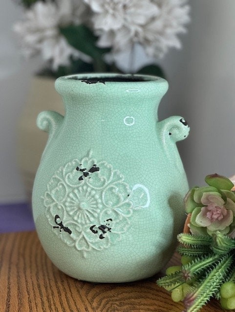 1970s Orejon Turquoise Flower Vase: Mid-Century Pottery