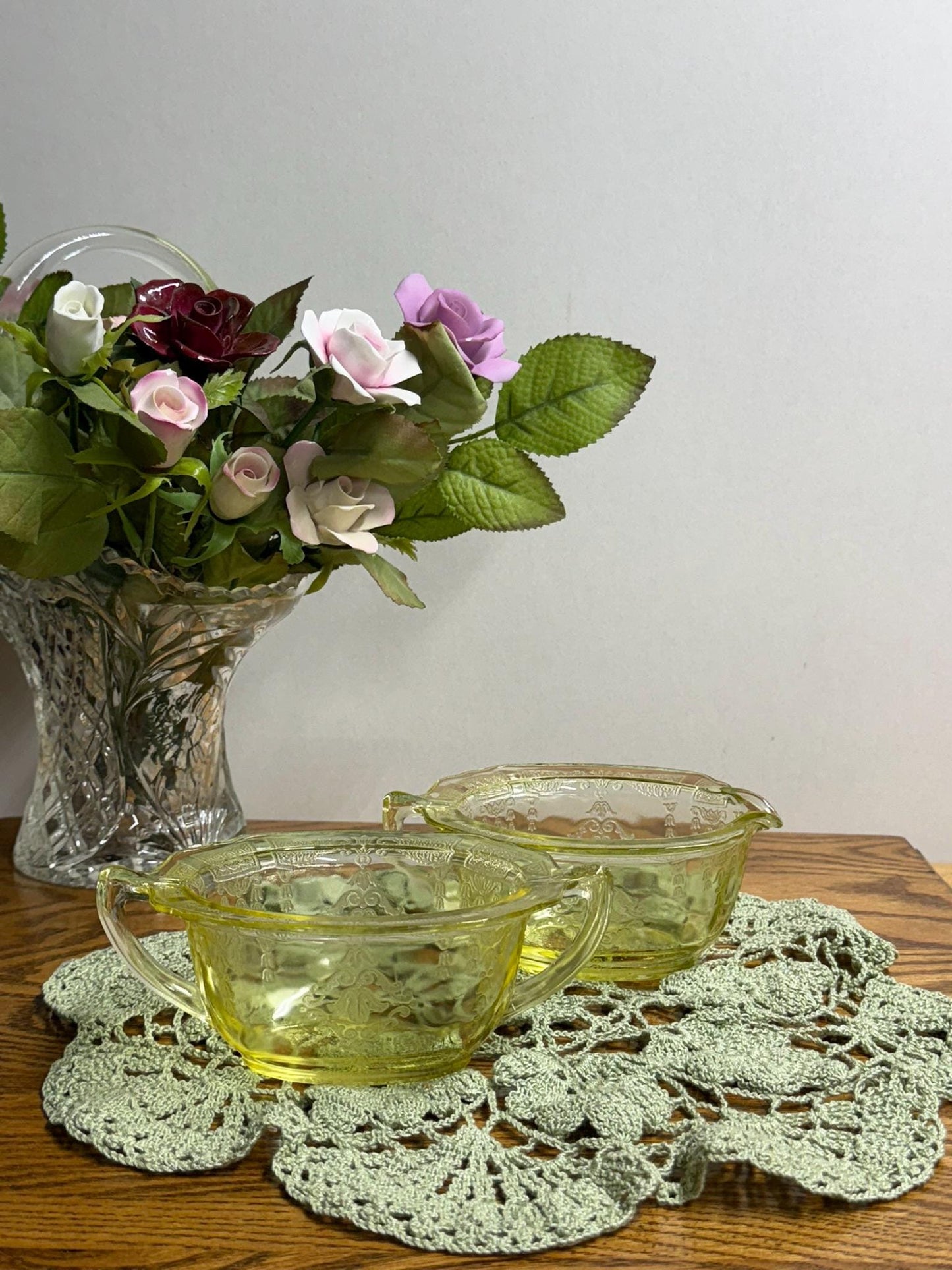 Anchor Hocking 1930s Princess Pattern Topaz Yellow Cream and Sugar Set