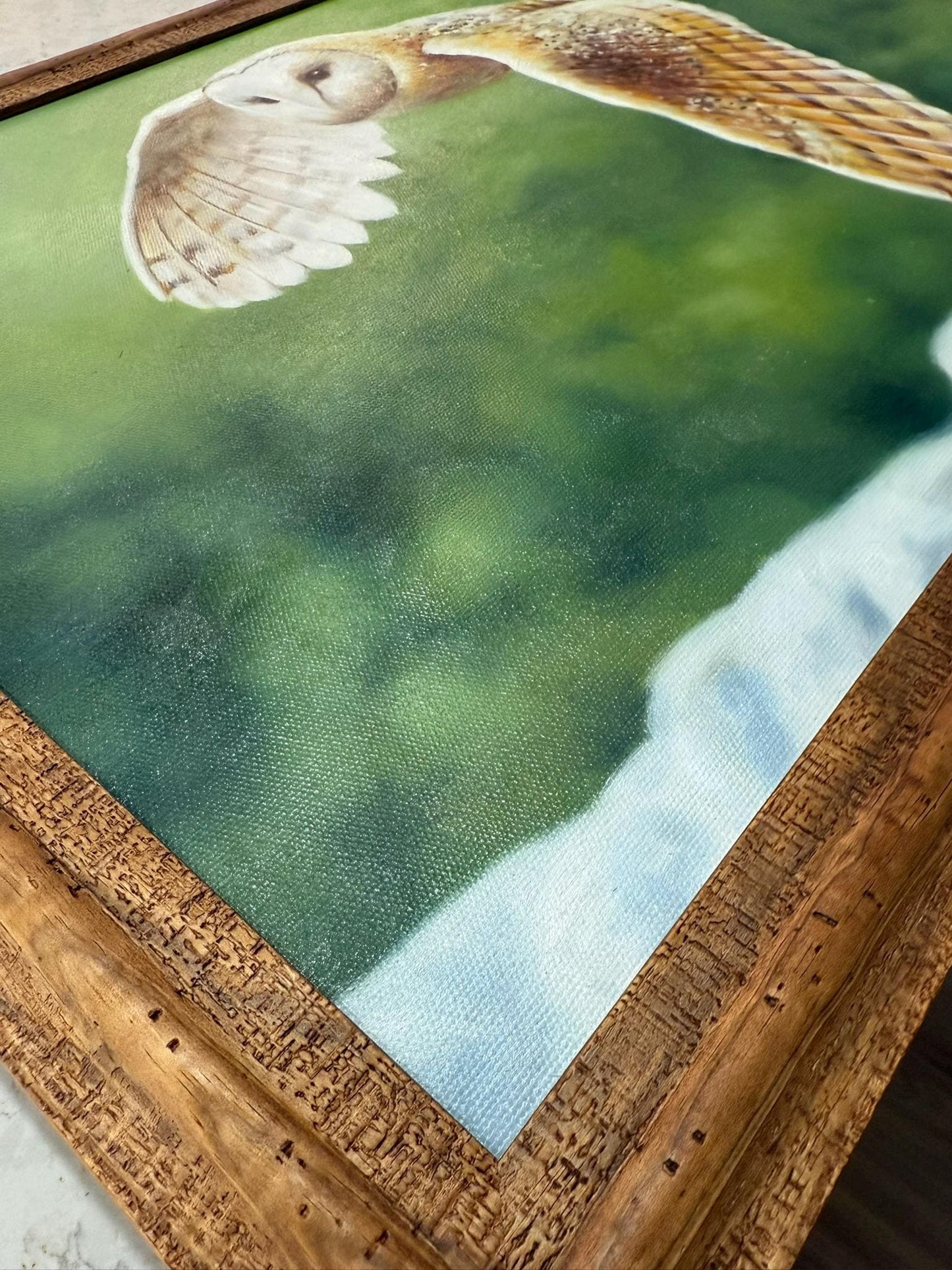 Barn Owl in Flight - oil on canvas in rustic wood frame
