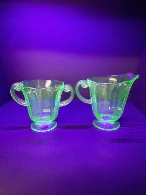 Vintage Fostoria Fairfax Uranium Green Glass Cream and Sugar Set