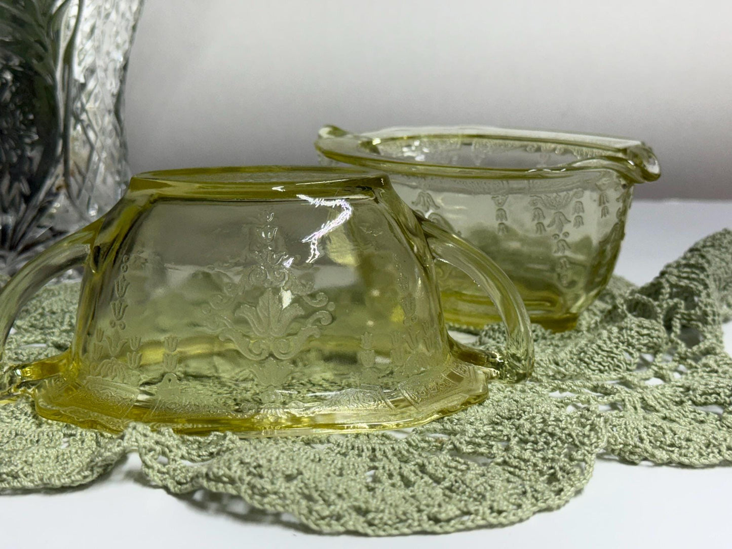 Anchor Hocking 1930s Princess Pattern Topaz Yellow Cream and Sugar Set