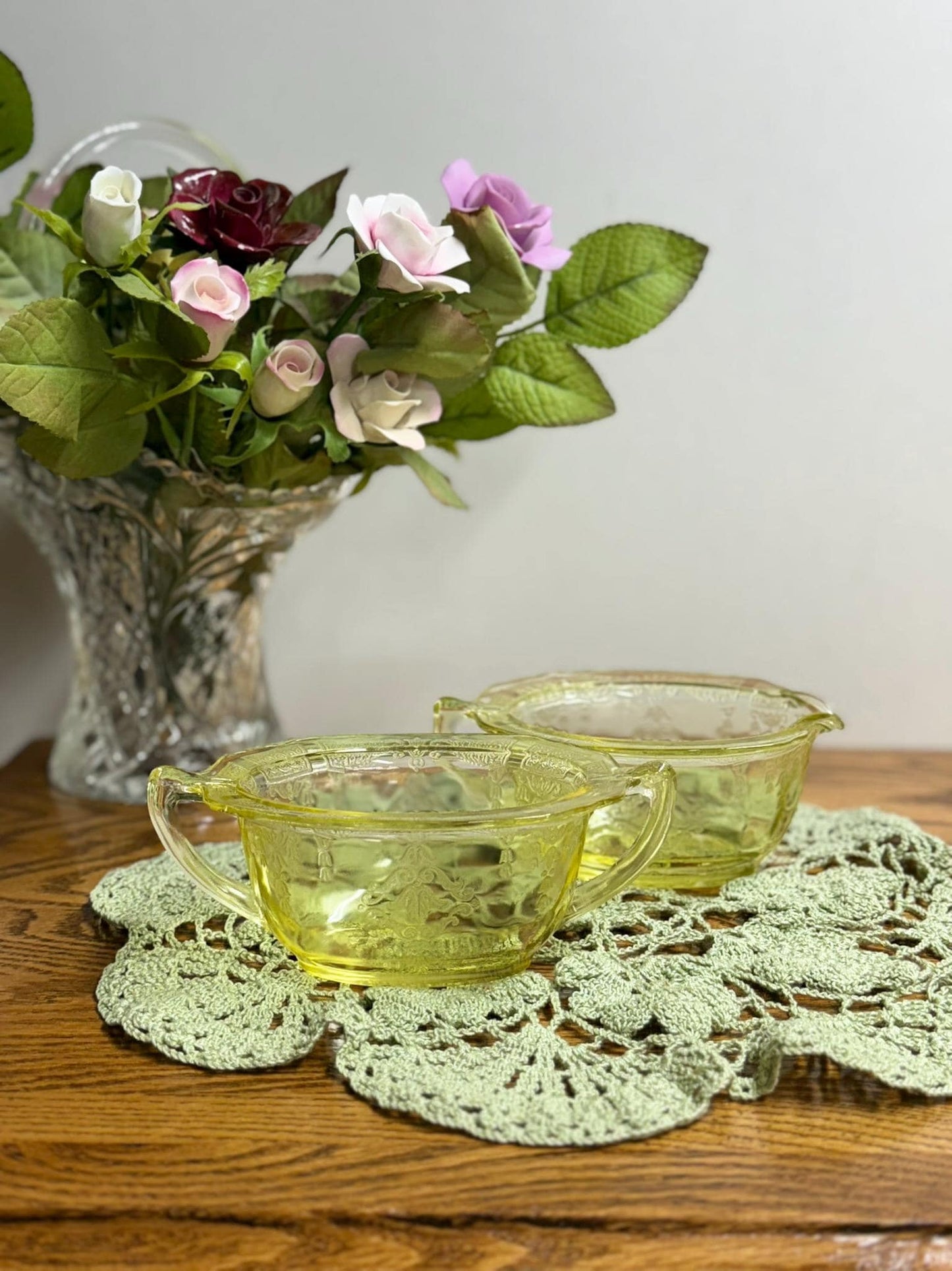 Anchor Hocking 1930s Princess Pattern Topaz Yellow Cream and Sugar Set