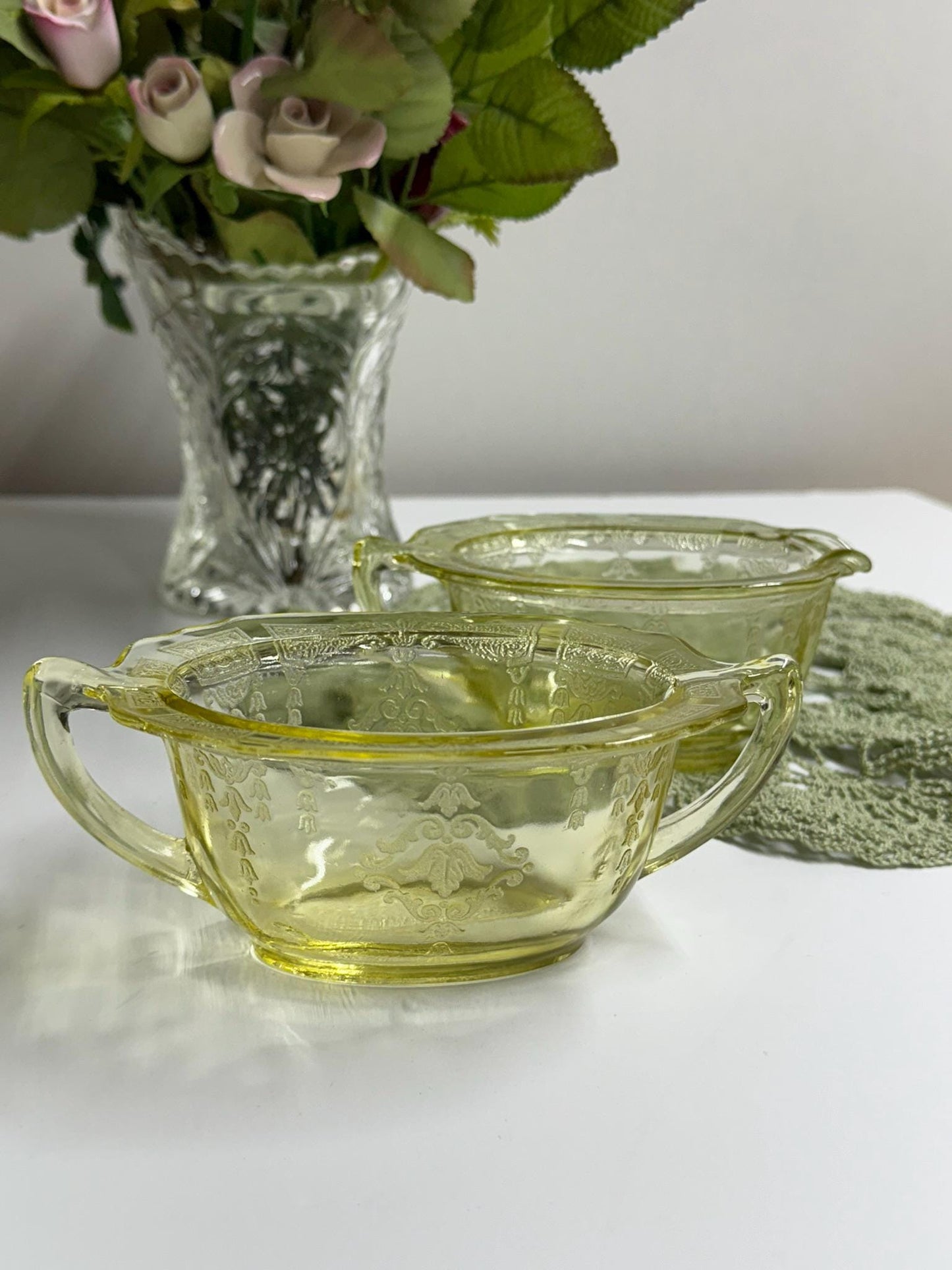 Anchor Hocking 1930s Princess Pattern Topaz Yellow Cream and Sugar Set