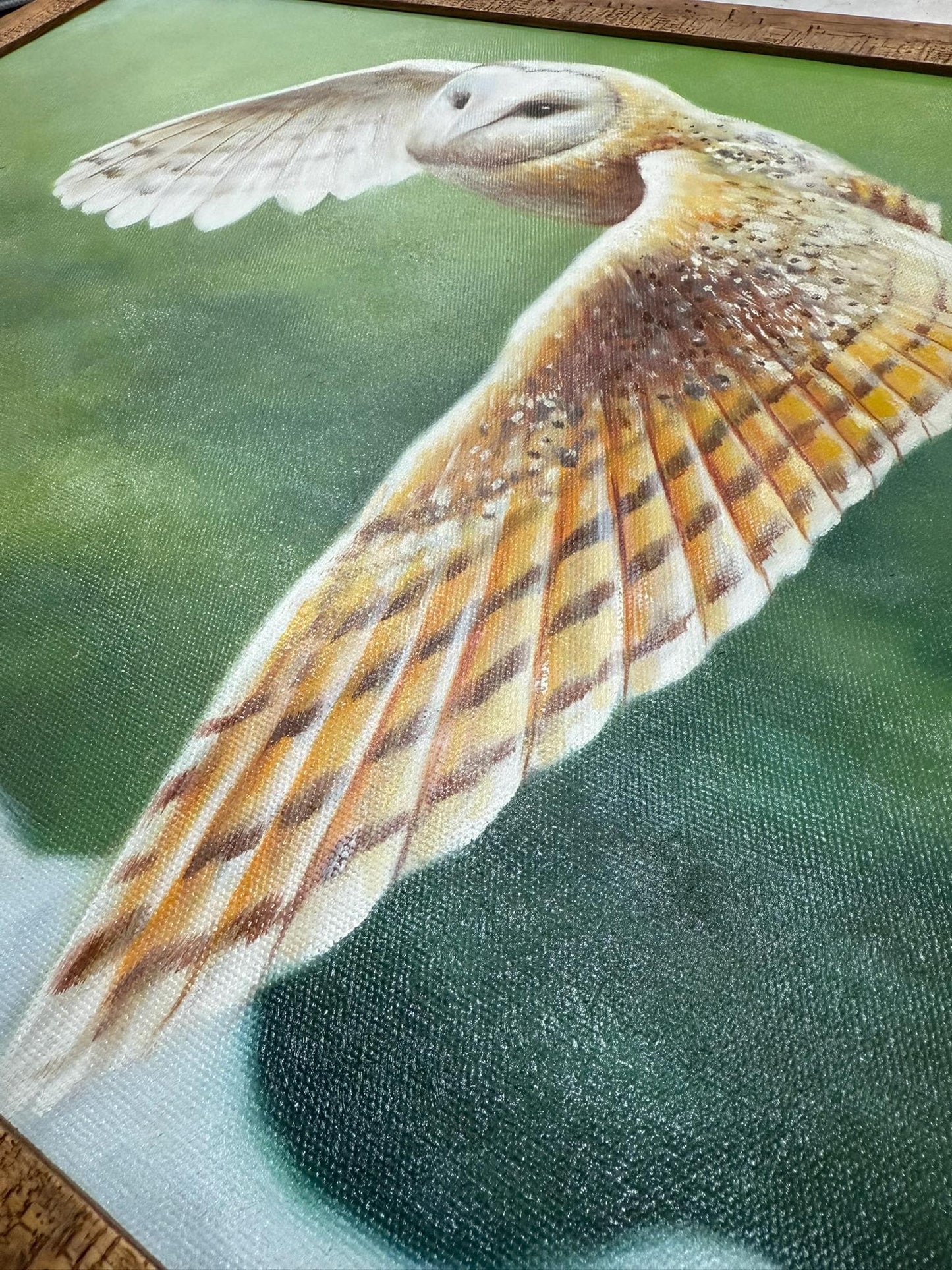 Barn Owl in Flight - oil on canvas in rustic wood frame