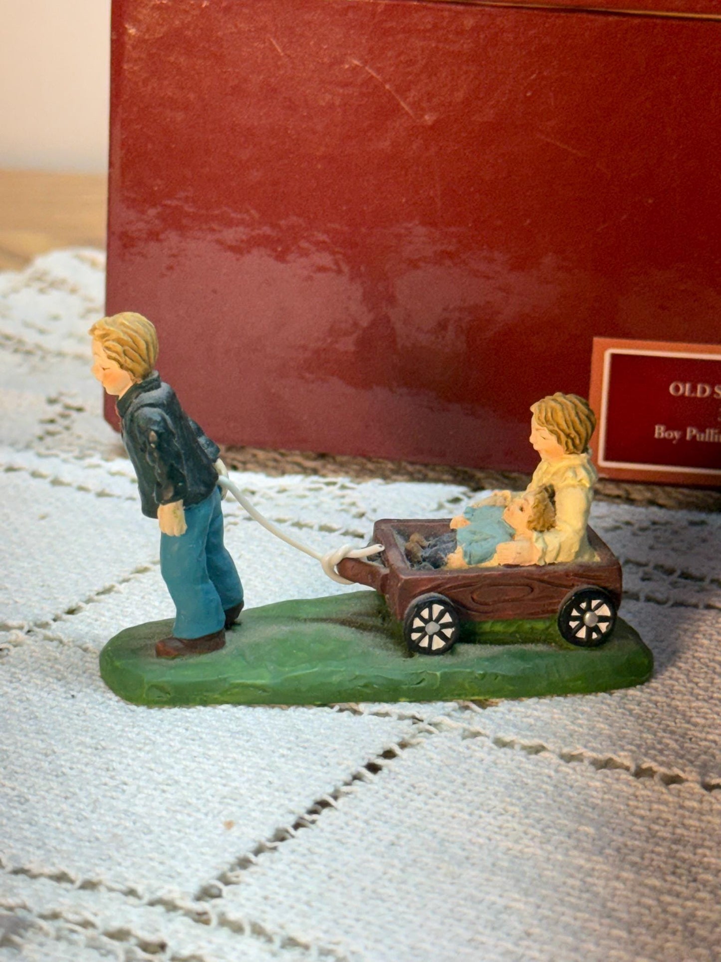 Lang & Wise Folk Art Villages of Old Stonington Man Pulling Cart with Baby Figurine