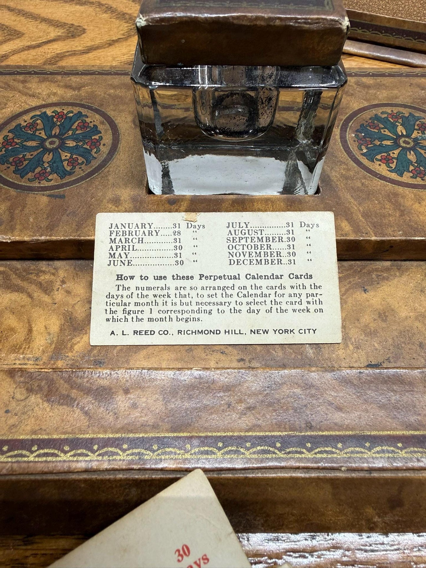 A. L. Reed Perpetual Calendar, Ink Well, and Pen Rest Desk Set