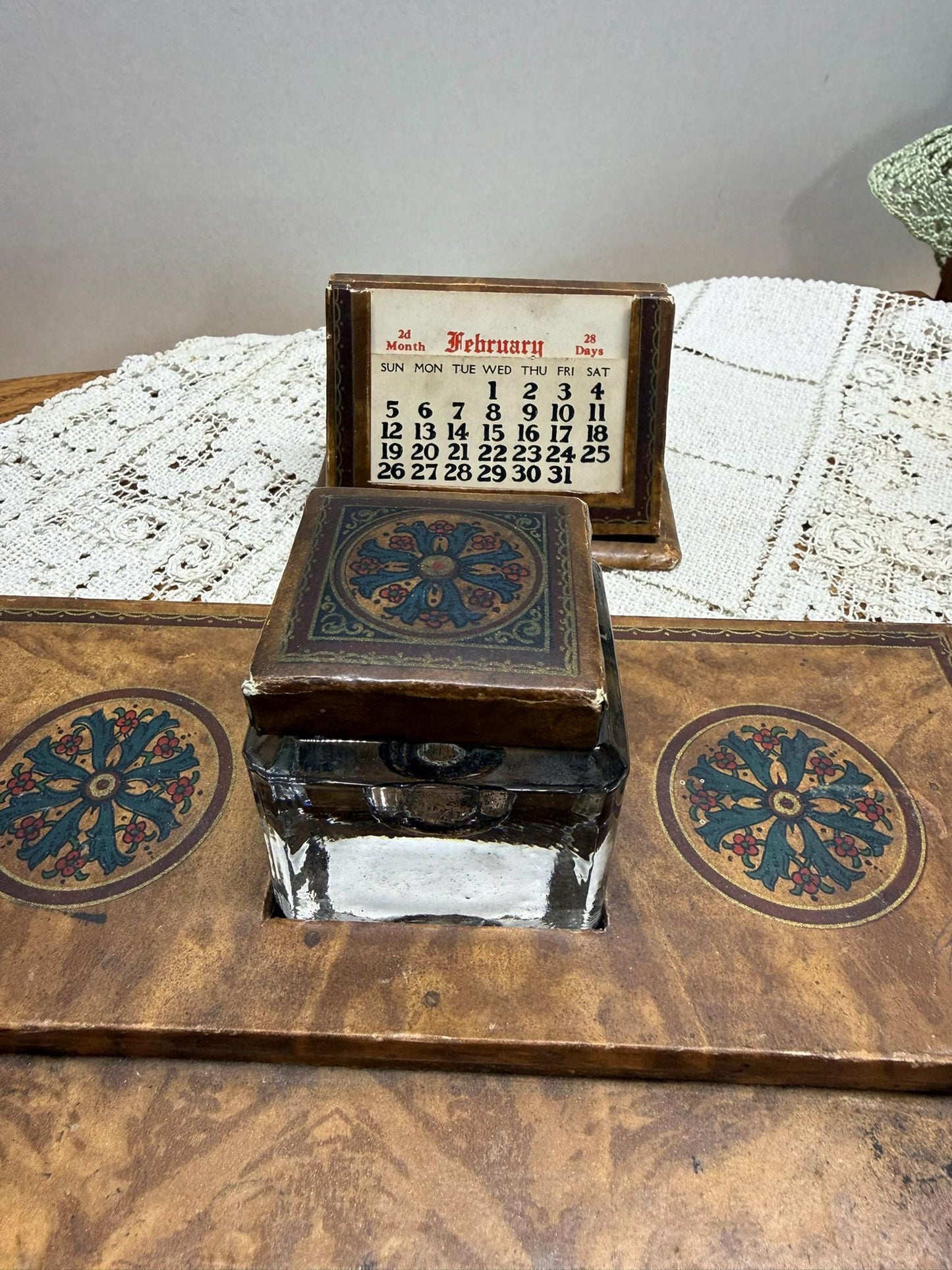 A. L. Reed Perpetual Calendar, Ink Well, and Pen Rest Desk Set