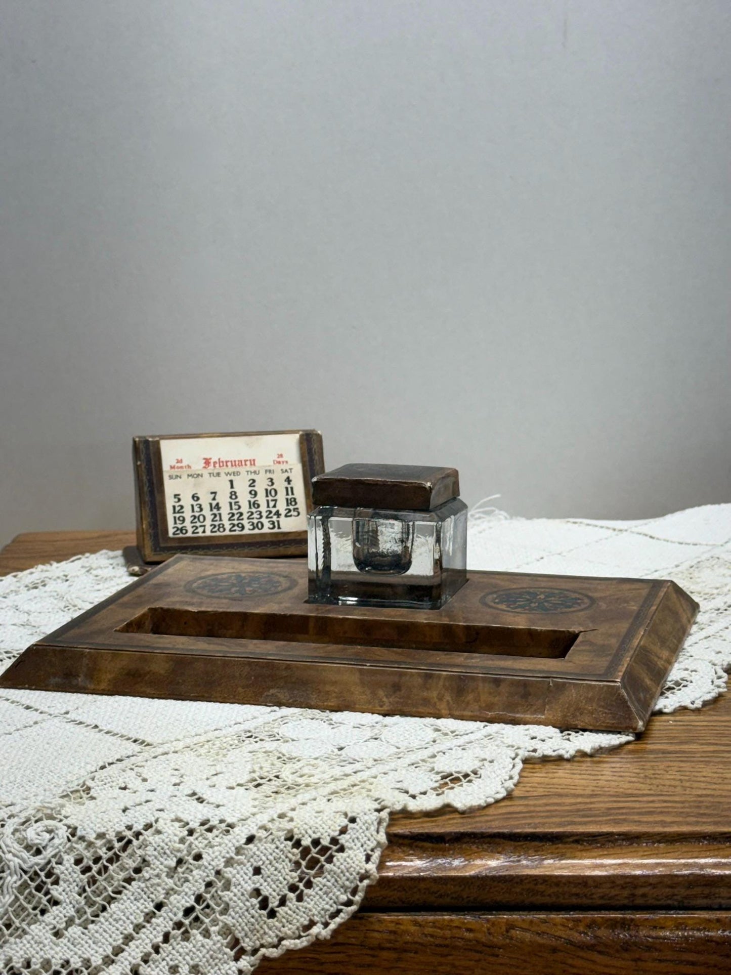 A. L. Reed Perpetual Calendar, Ink Well, and Pen Rest Desk Set