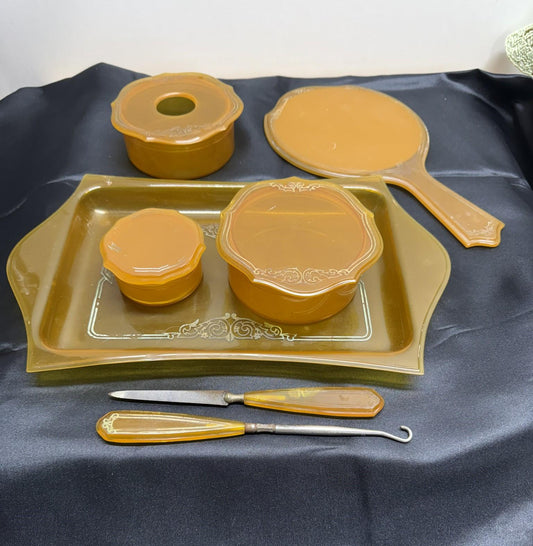 Vintage Amber-Colored Celluloid Vanity Set