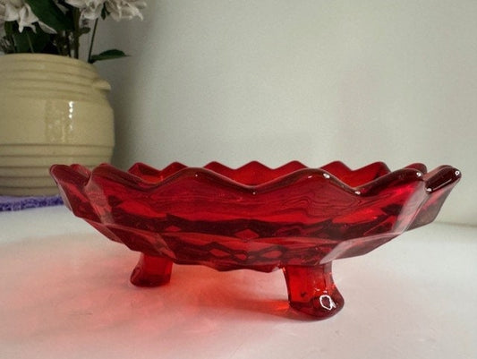 Vintage Fostoria American Ruby Red Bon Bon Dish - Cube Pattern