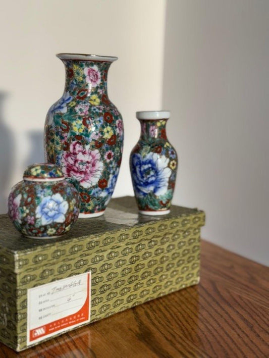 Vases- Vintage Chinese Lotus Bloom Pair of Porcelain Vases and Ginger Jar Set