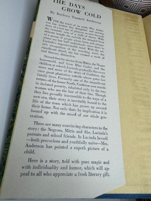 Book- Hardback Vintage 1941 "The Day Grow Cold" by Barbara Tunnell Anderson