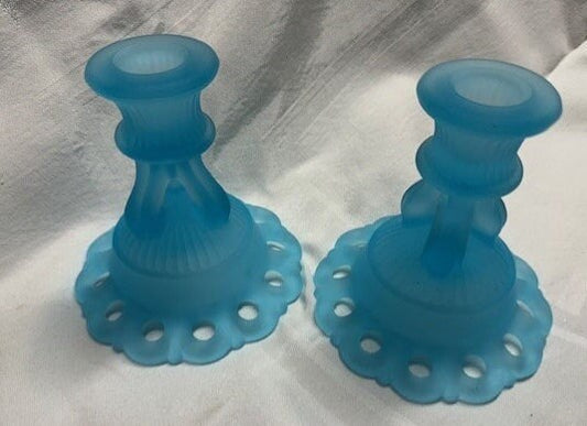 Vintage Westmoreland Blue Satin Glass Candleholders - Doric Lace Pattern