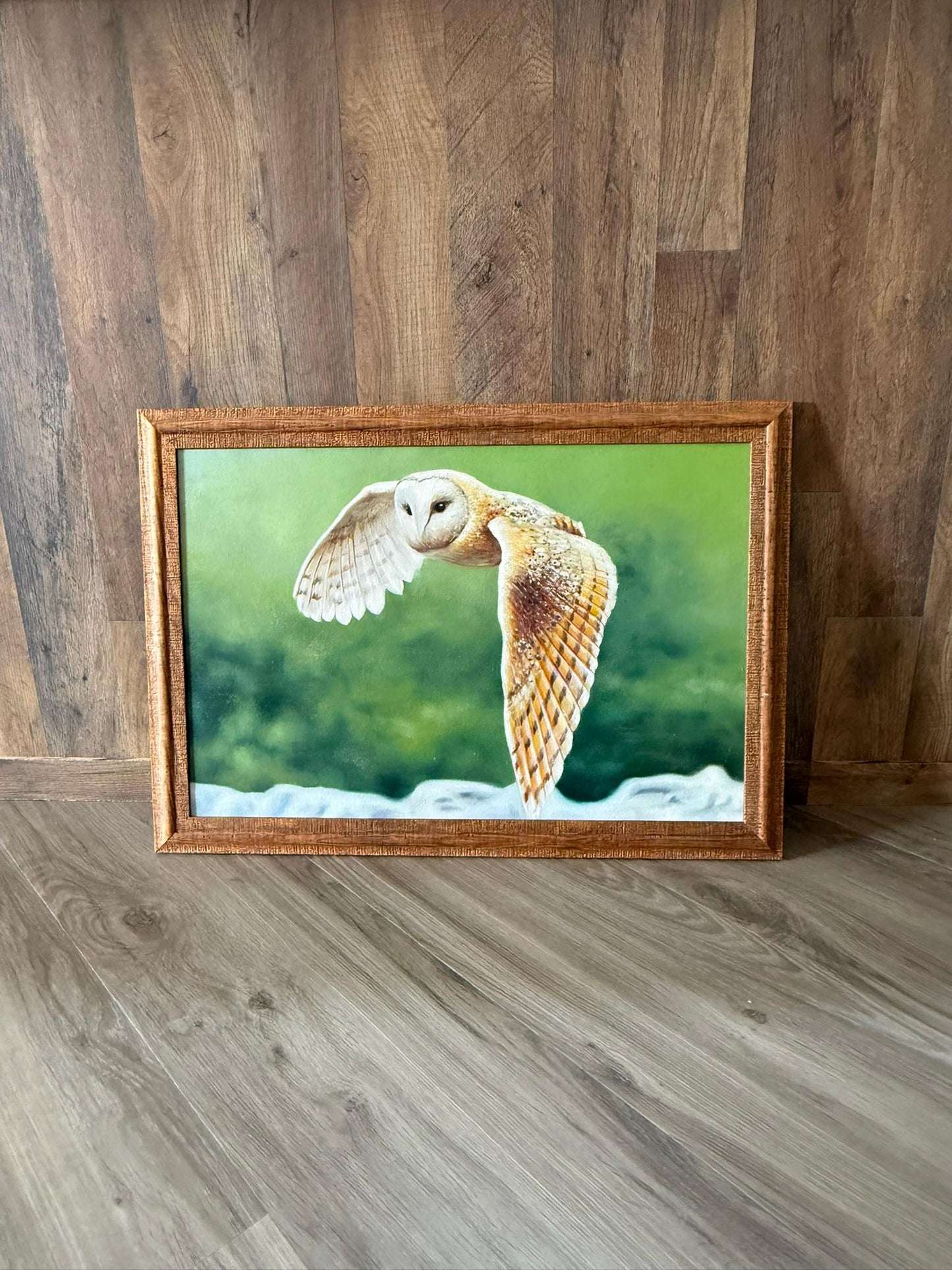 Barn Owl in Flight - oil on canvas in rustic wood frame