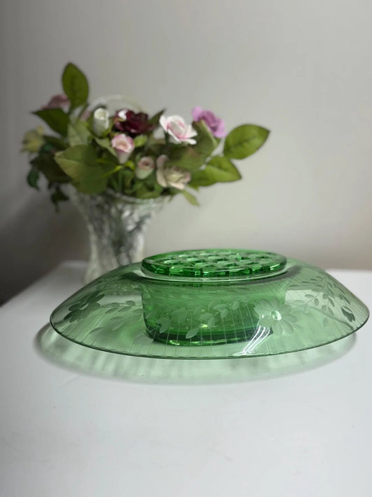 Uranium Fostoria Sunray Wheel Cut (Line #2510) Oval Floral Frog Centerpiece Compote — JDC Antiques & Collectibles