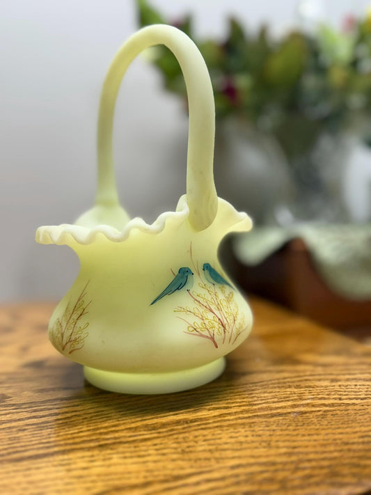 Fenton Bluebirds on Custard Satin Glass Basket