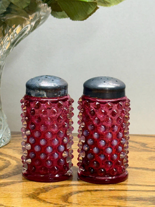 Vintage Fenton Cranberry Opalescent Hobnail Glass Salt and Pepper